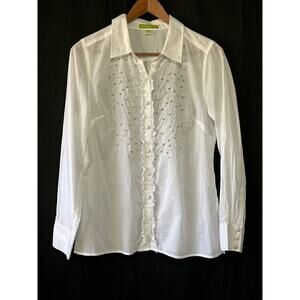 VTG Sigrid Olsen Tuxedo Beaded Ruffle Button Shirt M White Coquette Preppy